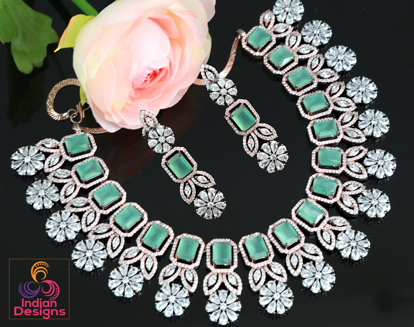 American Diamond Studded Green Necklace Set